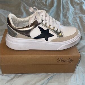 Pink Lily Women's White and Metallic Sneakers